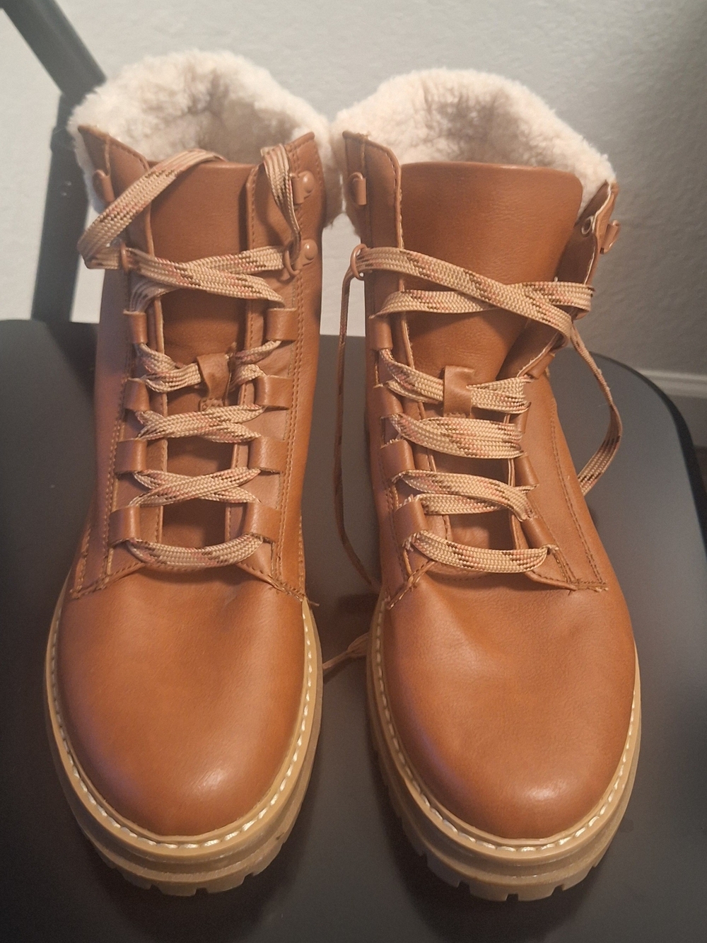 Time and Tru Chestnut Lace-Up Faux-Shearling Boots